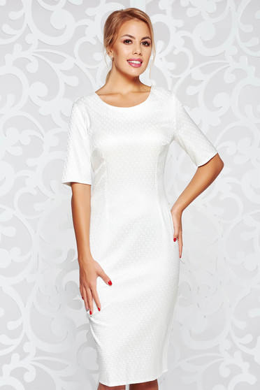 White elegant midi pencil dress slightly elastic fabric short sleeves
