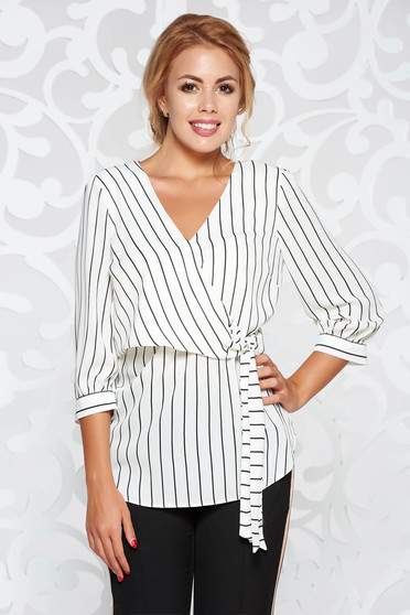 StarShinerS white women`s blouse office airy fabric wrap around accessorized with tied waistband