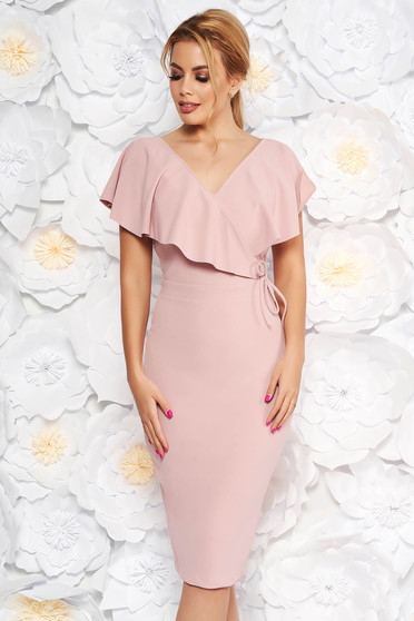 Rochie StarShinerS rosa eleganta tip creion din material elastic cu decolteu in v