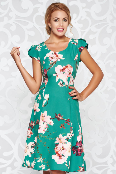 Green elegant cloche dress slightly elastic fabric with floral prints