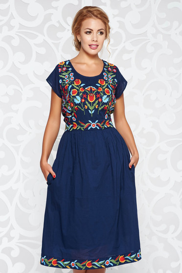 Darkblue embroidered casual dress nonelastic cotton with inside lining with pockets