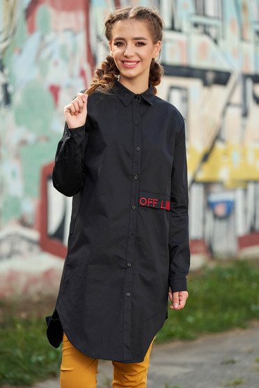 Camasa dama SunShine neagra casual asimetrica din bumbac cu croi larg cu maneci lungi si imprimeu cu scris
