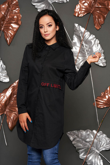 Camasa dama SunShine neagra casual asimetrica din bumbac cu croi larg cu maneci lungi si imprimeu cu scris