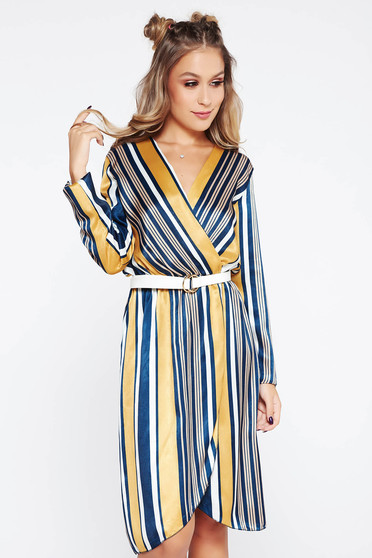 Rochie SunShine mustarie de zi din material satinat cu elastic in talie si decolteu in v