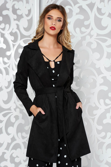Black SunShine casual trenchcoat from velvet fabric accessorized with tied waistband