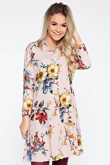 Rochie SunShine rosa casual cu croi larg din material vaporos cu imprimeuri florale