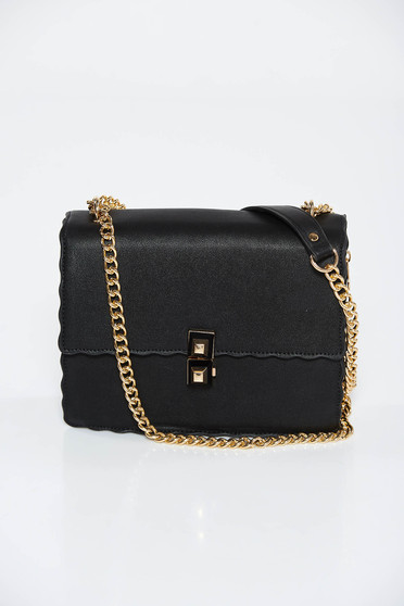 Black casual bag from ecological leather long chain handle