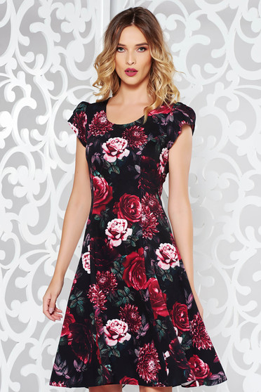 Rochie rosie eleganta in clos din stofa subtire usor elastica cu imprimeuri florale