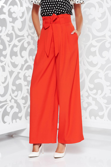 Coral elegant high waisted flared trousers slightly elastic fabric accessorized with tied waistband