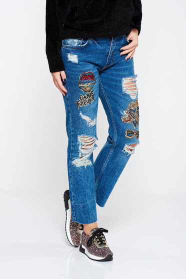 Blue jeans casual boyfriend jeans nonelastic cotton with pockets with ruptures with medium waist
