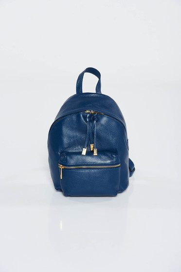 Rucsac albastru-inchis casual din piele naturala cu accesorii metalice