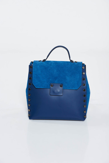 Rucsac albastru-inchis casual din piele naturala cu tinte metalice