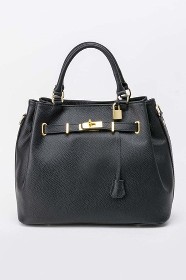 Geanta dama neagra office din piele naturala cu accesoriu metalic