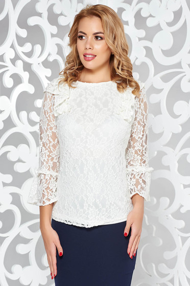 Bluza dama StarShinerS alba eleganta cu croi larg din dantela captusita pe interior cu volanase la maneca
