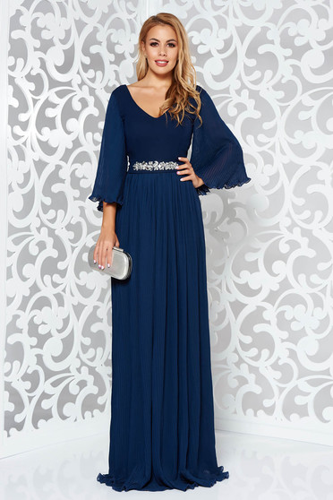 Rochie StarShinerS albastra-inchis de ocazie din voal captusita pe interior accesorizata cu cordon accesorizata cu pietre stras