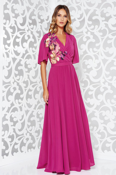 Rochie StarShinerS fuchsia de ocazie din voal captusita pe interior cu elastic in talie si maneci largi