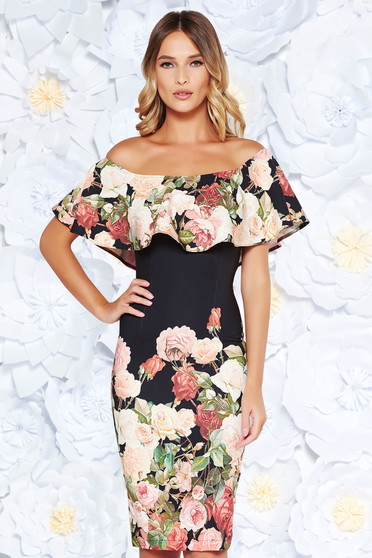Rochie StarShinerS neagra de ocazie midi tip creion cu umeri goi material fin la atingere cu imprimeu floral