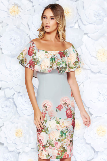 Rochie StarShinerS gri de ocazie midi tip creion cu umeri goi material fin la atingere cu imprimeu floral