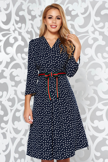 Darkblue elegant cloche dress soft fabric dots print with v-neckline
