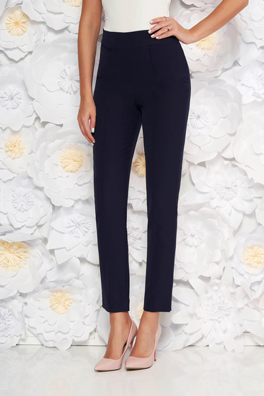 Pantaloni StarShinerS albastri-inchis eleganti office cu talie inalta din material usor elastic cu buzunare