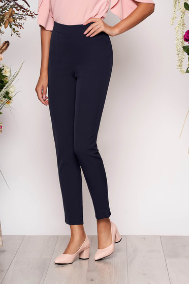 Pantaloni StarShinerS albastri-inchis eleganti office cu talie inalta din material usor elastic cu buzunare