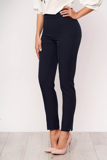 Pantaloni StarShinerS albastru-inchis eleganti office cu talie inalta din material usor elastic cu buzunare