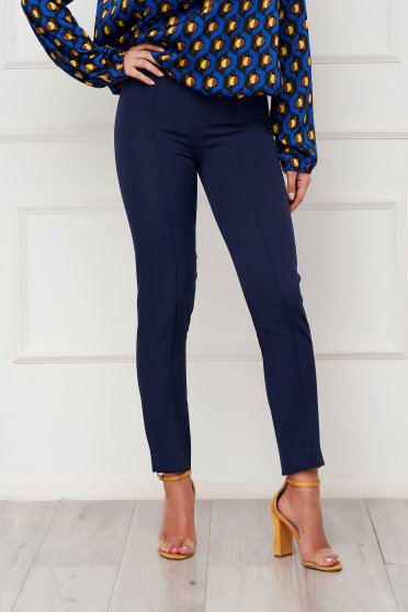 Pantaloni eleganti, marimea M, Pantaloni StarShinerS albastru-inchis office conici din material usor elastic cu talie inalta - StarShinerS.ro