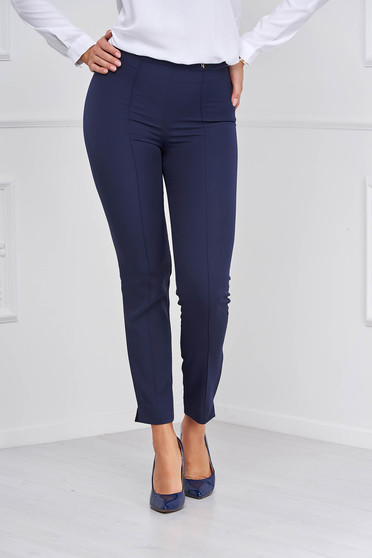 Elegant pants, StarShinerS darkblue trousers office high waisted slightly elastic fabric with pockets conical - StarShinerS.com