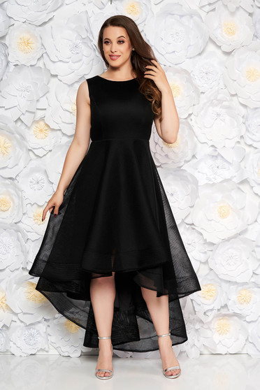 Rochie neagra de ocazie asimetrica in clos din material tip plasa captusita pe interior fara maneci