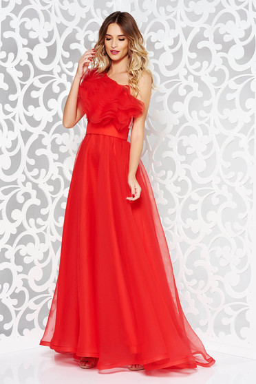 Rochie Ana Radu rosie de lux pe umar captusita pe interior din tul cu volanase