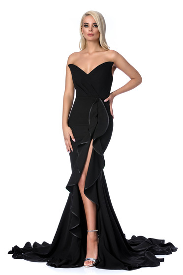 Rochie Ana Radu neagra de lux tip sirena cu volanase si cu umeri goi