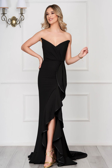 Rochie Ana Radu neagra de lux tip sirena cu volanase si cu umeri goi