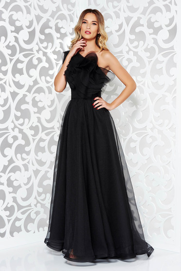 Rochie Ana Radu neagra de lux pe umar captusita pe interior din tul cu volanase