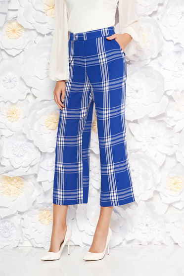 Pantaloni StarShinerS albastri office cu un croi drept si talie inalta din material neelastic in carouri cu buzunare