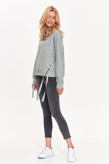 Bluza dama Top Secret gri casual cu croi larg din bumbac accesorizata cu snur