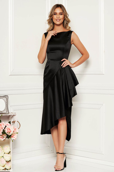 Rochie neagra de ocazie asimetrica fara maneci din material satinat cu volanase