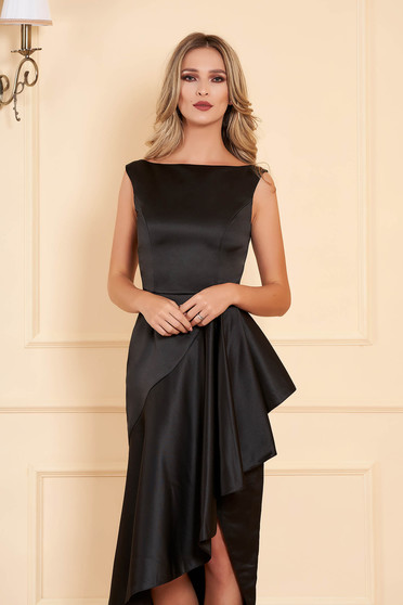 Rochie neagra de ocazie asimetrica fara maneci din material satinat cu volanase