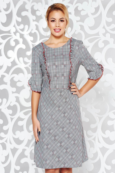 Rochie rosie office din stofa subtire usor elastica in carouri cu volanase