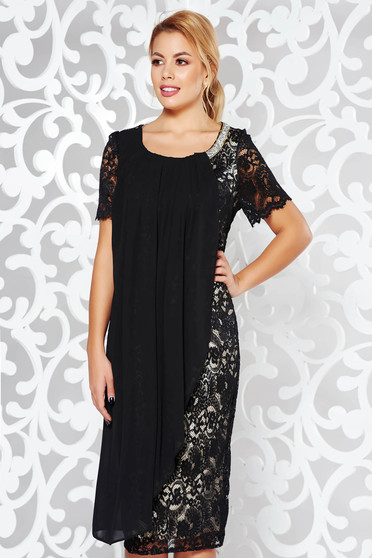 Rochie neagra de ocazie tip creion din voal si dantela captusita pe interior cu aplicatii stralucitoare