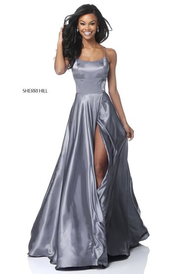 Rochie Sherri Hill gri de lux lunga din material satinat croi in clos cu bretele