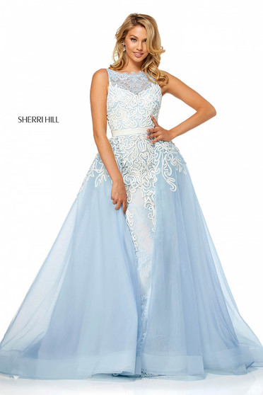 Rochie Sherri Hill albastra-deschis de lux lunga din dantela brodata