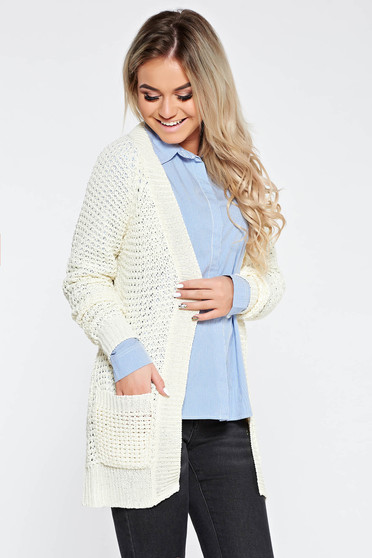 White casual cardigan knitted fabric with easy cut with pockets