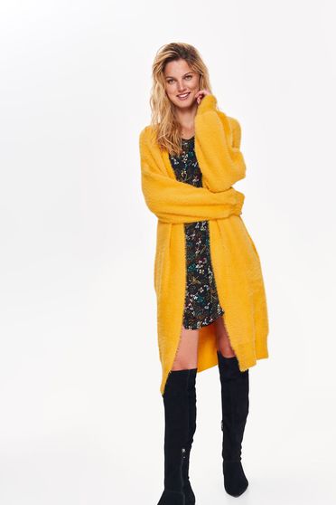 Pulover Top Secret galben casual tip cardigan cu croi larg din material pufos