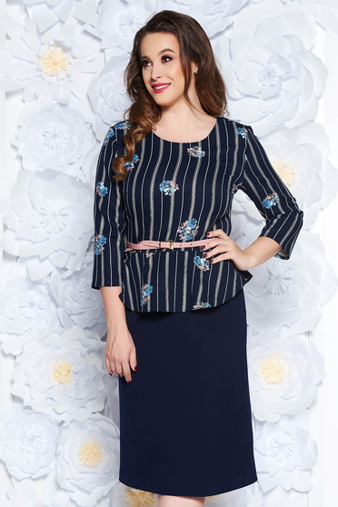 Rochie albastru-inchis office tip creion din stofa usor elastica cu peplum cu accesoriu tip curea