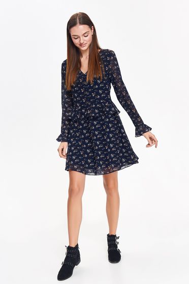 Rochie Top Secret albastra-inchis casual in clos cu decolteu in v din material subtire cu imprimeuri florale