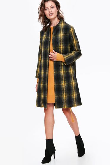 Palton Top Secret negru casual din stofa in carouri cu un croi drept cu buzunare si maneci lungi