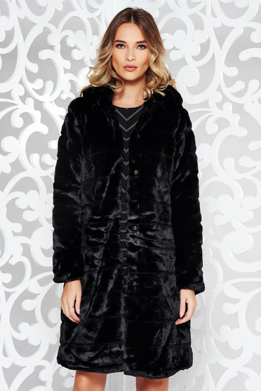 Black fur elegant from ecological fur with inside lining with pockets