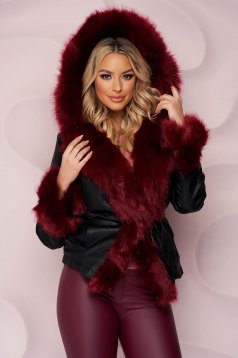 Short cut arched cut jacket from ecological leather burgundy with faux fur lining