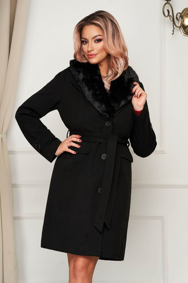 Black elegant arched cut coat cloth fur collar