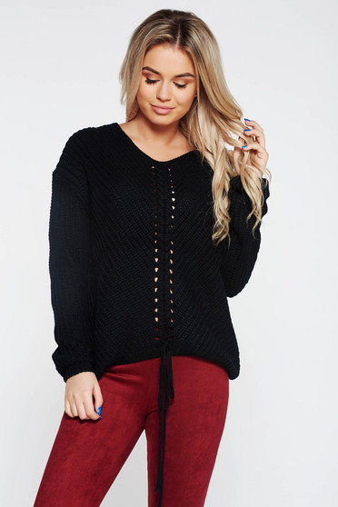 Pulover SunShine negru casual cu croi larg din material tricotat accesorizat cu snur
